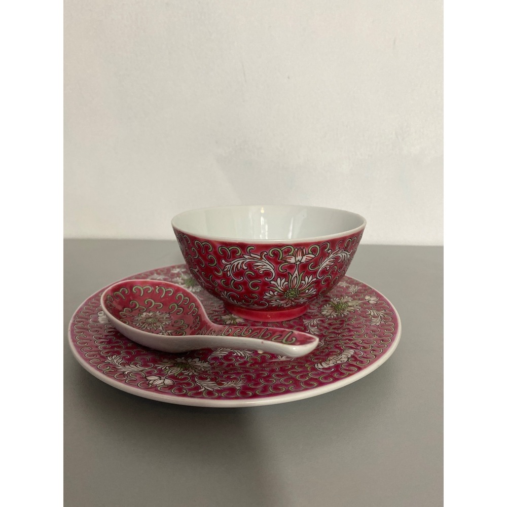 VTG Chinese Jingdezhen Mun Shou‎ Famille Longevity Rice Bowl spoon saucer pink